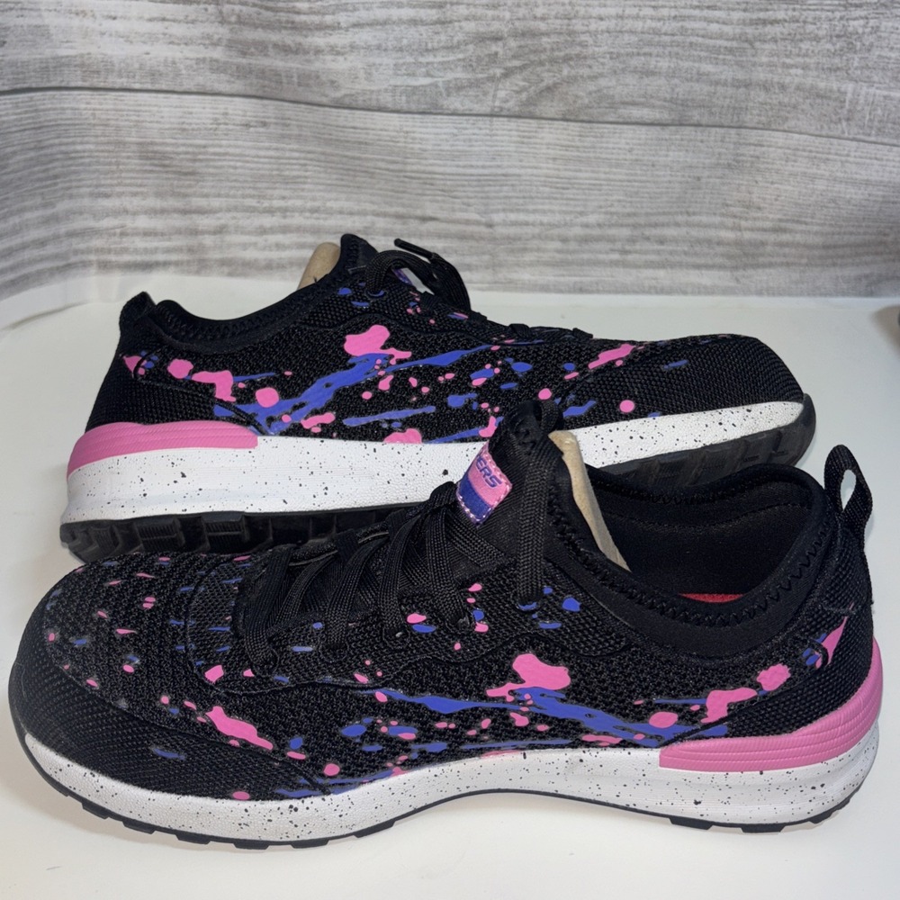 Women 7.5 Skechers Comp Toe Black‎ Purple Splatter Paint Work Shoe Memory Foam - Picture 10 of 10